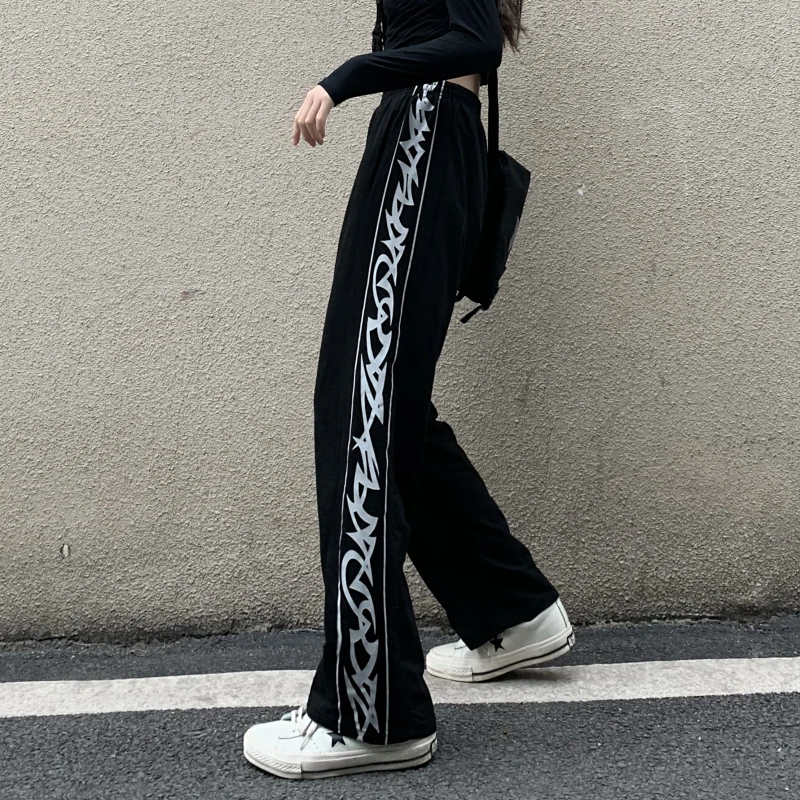 

Women's Sports Pants 2021 New Streetwear Versatile Fashion High Waist Straight Pants Casual Baggy Black Wide Leg Stripe Trouser