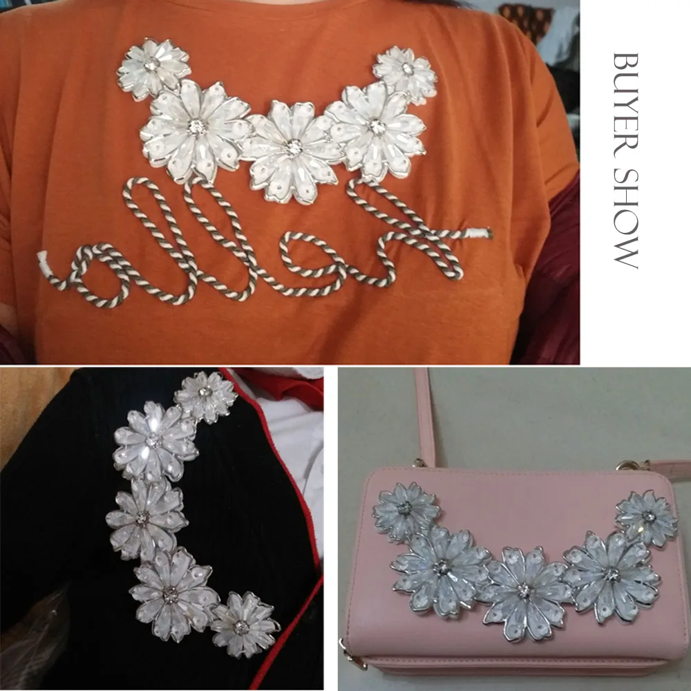 1 шт. 3d белый цветок Стразы с бисером патчи на воротнике для одежды пришитые