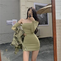 2021 spring korean sexy womens long sleeved strapless tight fitting waist sexy hip dress solid color slimming mini short dress