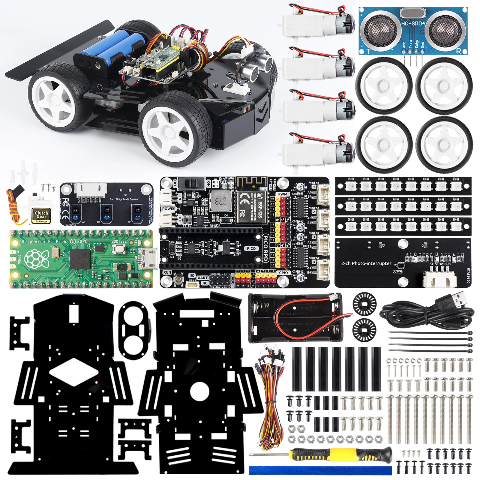 SUNFOUNDER Rechargable Raspberry Pi Pico Robot Car Kit, Open Source, MicroPython, App Control