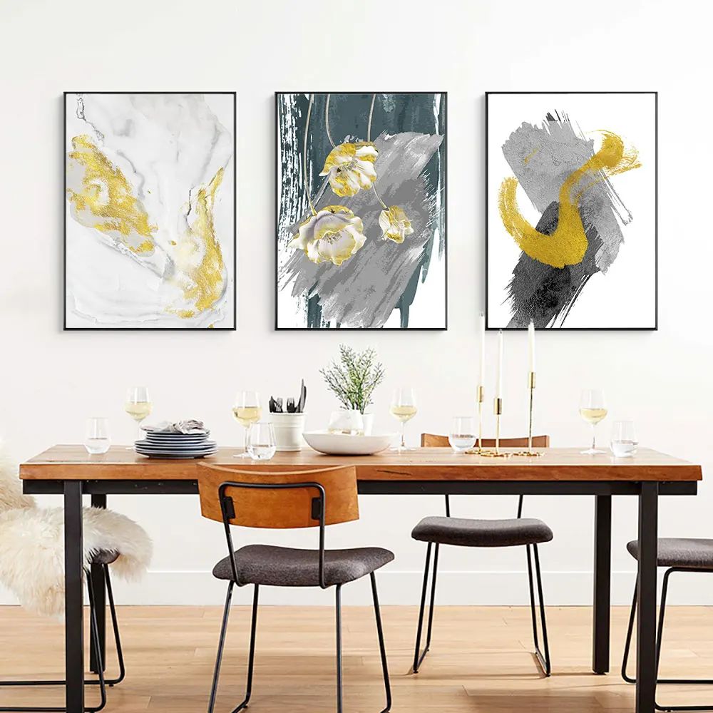 

Modern Abstract Gold foil Poster Flower Canvas Painting White blue Art Print Norbic Wall Picture For Living Room Home Decor