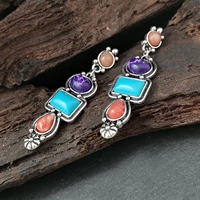 bohemian synthetic mixed color gemstone geometric earrings 925 retro silver turquoise drop earrings tribal jewelry delicate gift