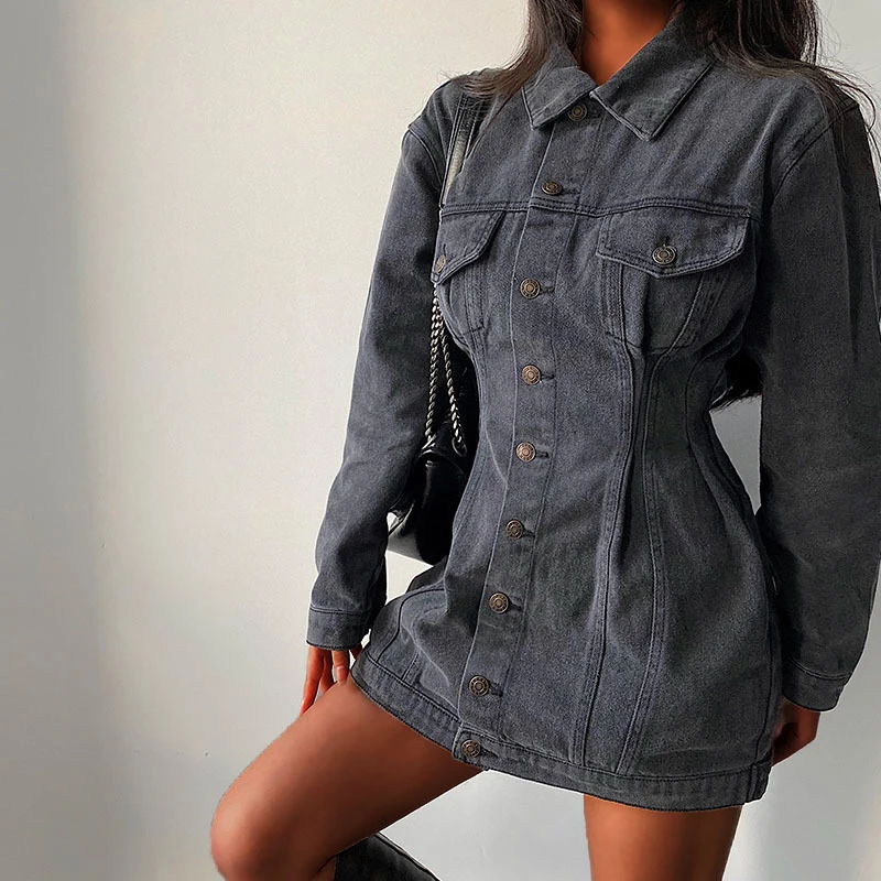 

2021 Autumn Winter Elegant Women's Denim Jeans Jackets Single Breasted Slim Waist Outerwear Fashionable Long Tops