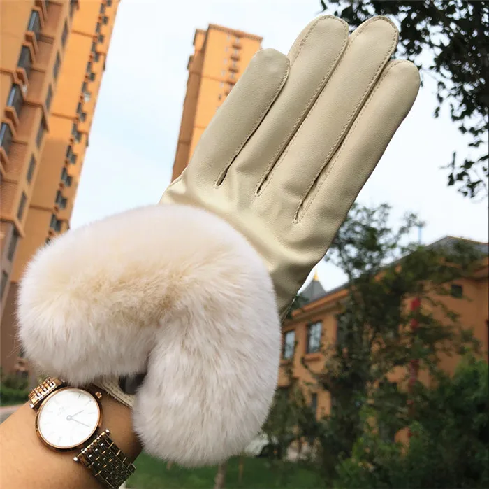 Женские зимние перчатки U-образные кожаные с мехом кролика Рекс короткие из