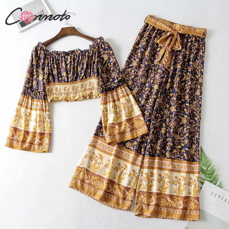 Женский богемный комбинезон Conmoto длинный с широкими штанинами и бантом Осень