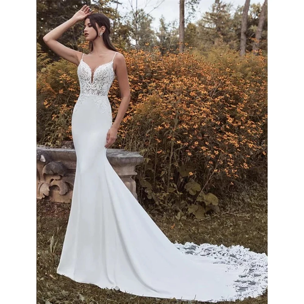 

Mermaid Wedding Dress Sweetheart Spaghetti Straps Lace Applique Bride Gown Backless Long Sweep Train Sexy Style Custom Made
