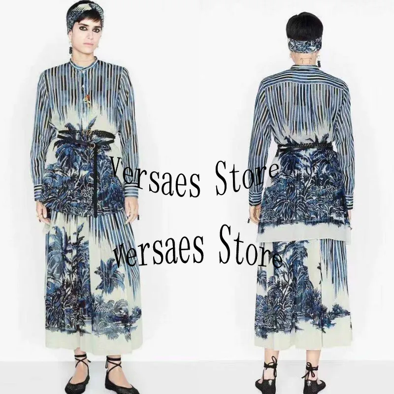 

2021 luxury design coconut forest stripe printing fashion women's A-type skirt temperament versatile high waist pleated skirt