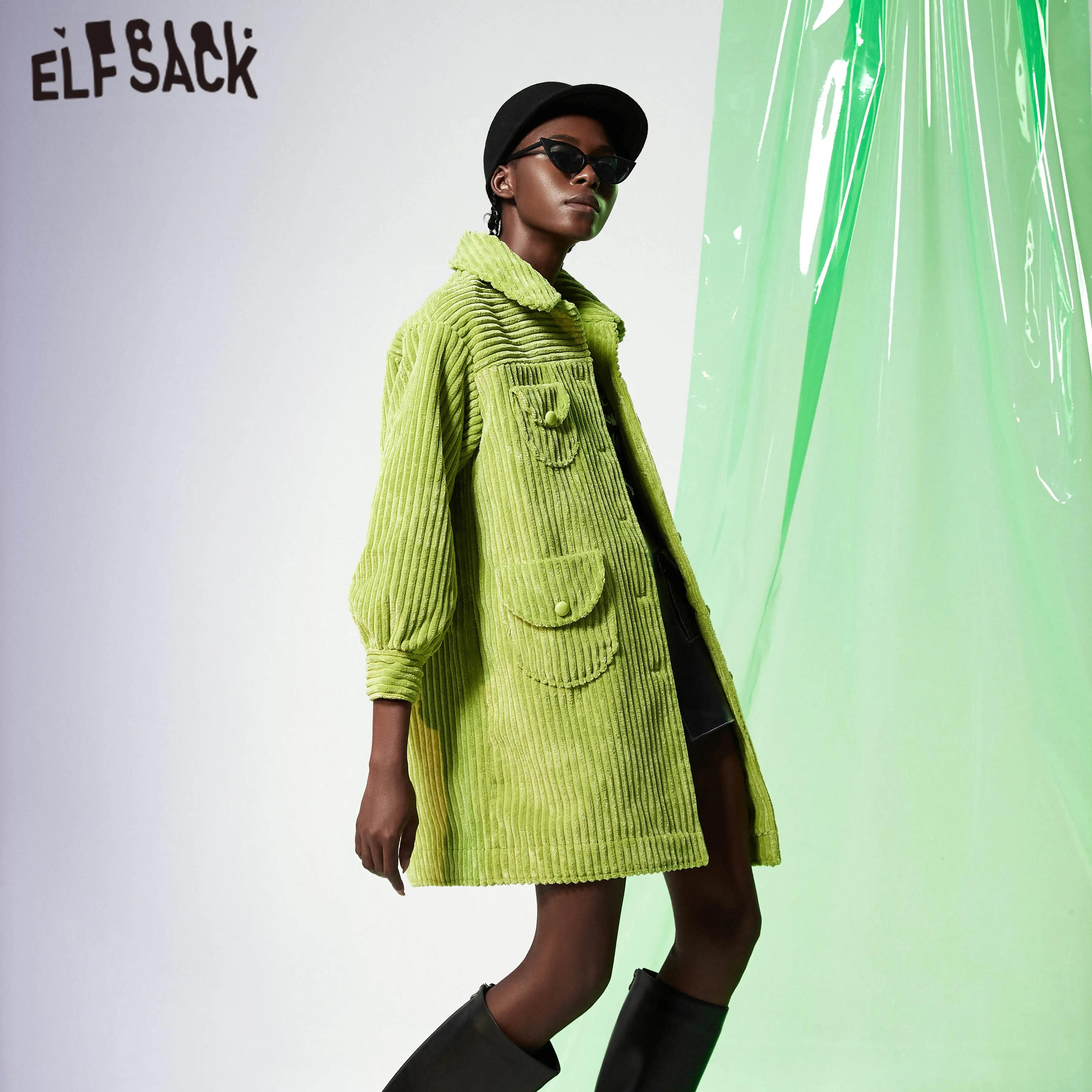 Женский однобортный Тренч ELFSACK зеленый однотонный офисный пиджак с карманами и