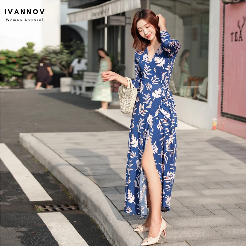 Женские платья с запахом богемные пляжные DV Цветочные v образным вырезом рукавом