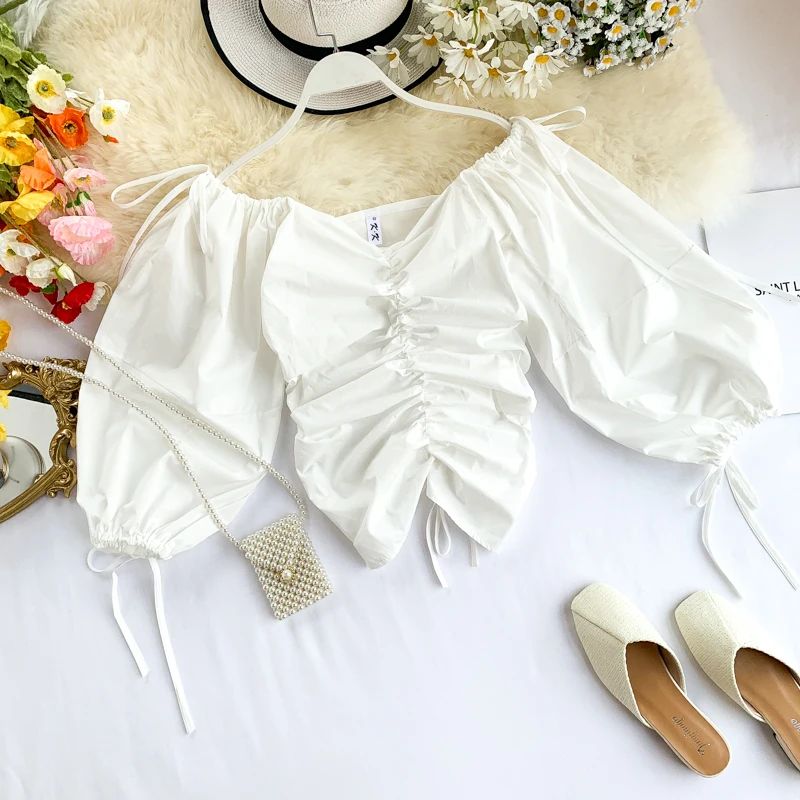 2019 new fashion women's Drawstring straps Lantern sleeves short tops |