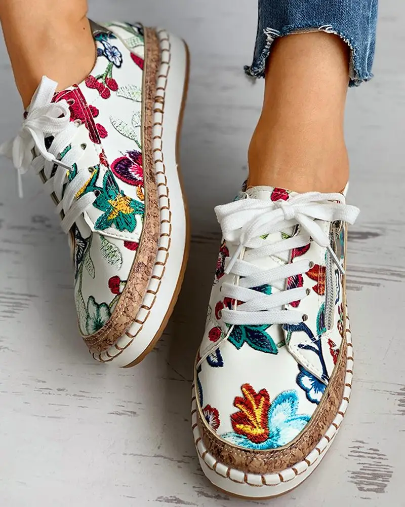 

Женские кроссовки с круглым носком, Вулканизированная плоская подошва, на шнуровке, элегантная повседневная обувь с цветочным принтом