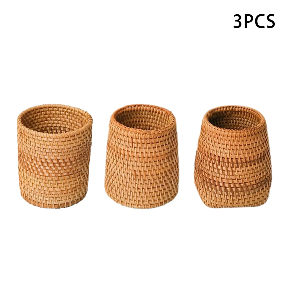 

3pcs Accessories Home Office Rattan Organizer Hand Woven Makeup Brush Pen Holders Stationery Storage Student Gift Table Decor