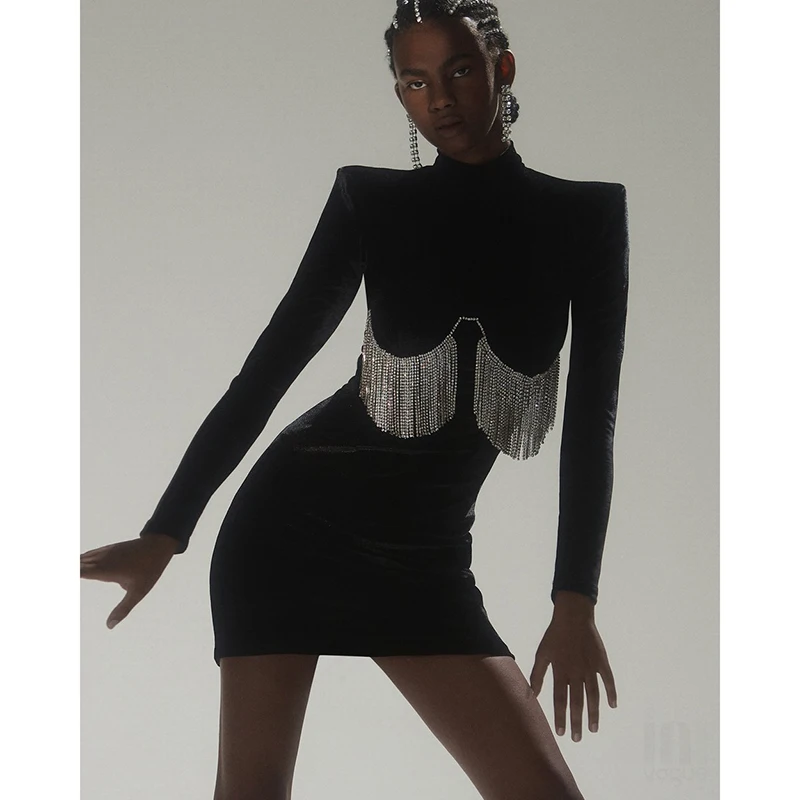 

Модное бархатное женское мини-платье с длинным рукавом и бахромой со стразами, женское повседневное облегающее винтажное платье, Клубная одежда, халат BD2128