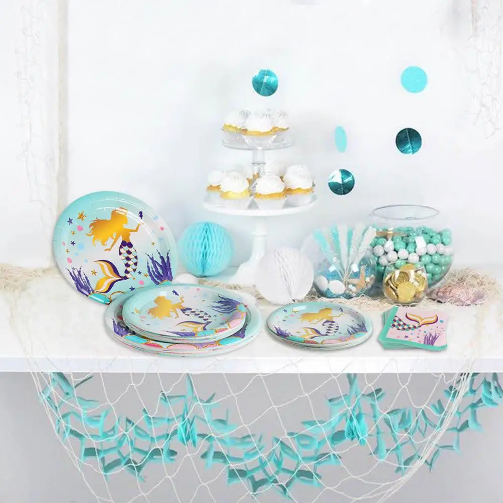 Одноразовая посуда с маленькой русалочкой декор для дня рождения бумажные