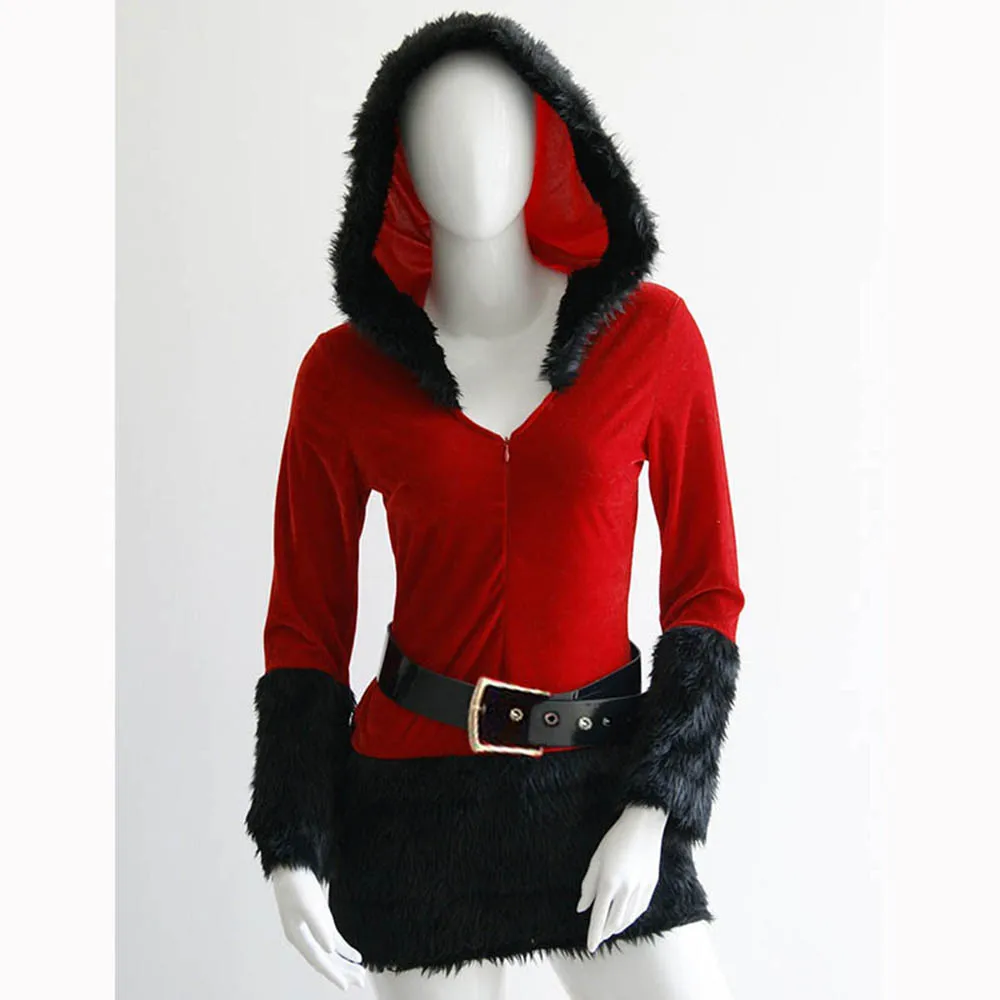 Женское бархатное платье с капюшоном красное черное ремнем | Тематическая одежда