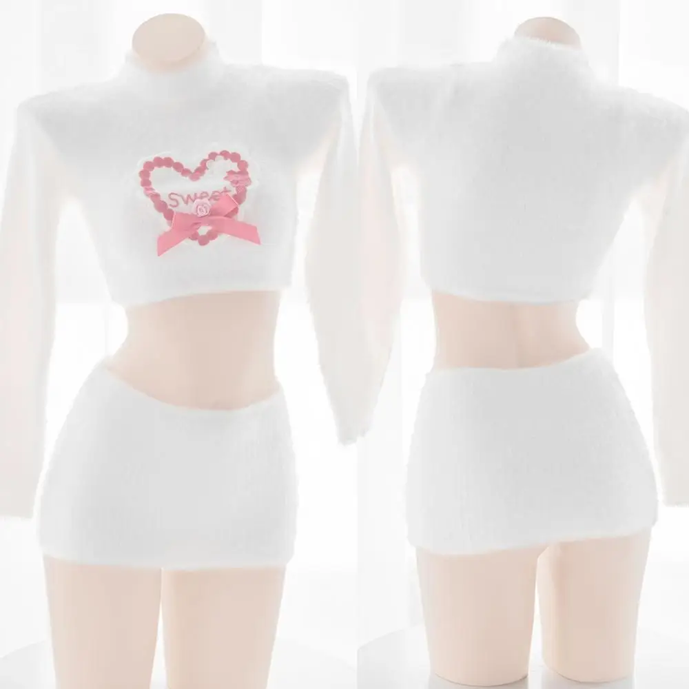 

Белый вязаный свитер с морским коньком, сексуальные длинные топы с открытым грудом и сердечками, мини-юбка, комплект нижнего белья из 2 предм...