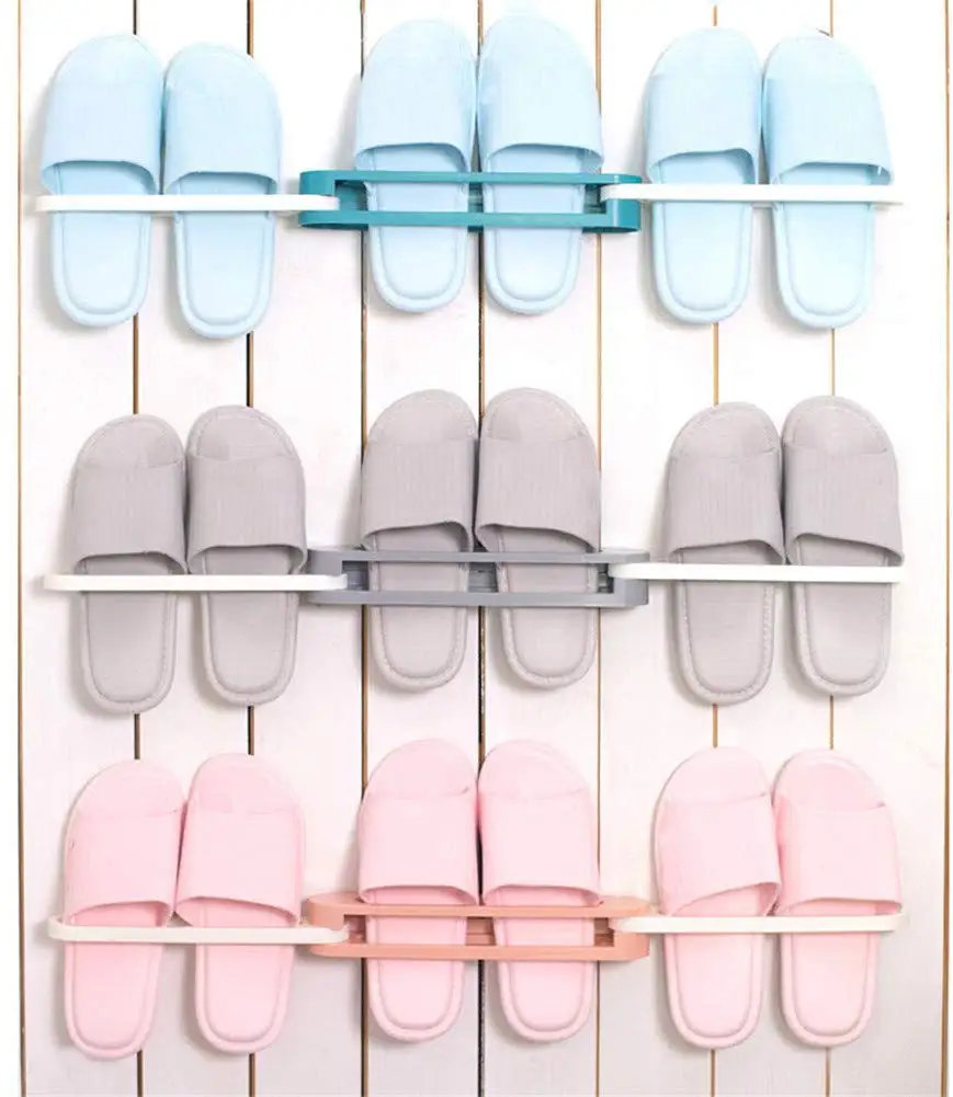 Bathroom Slippers Rack Wall Mounted Shoe Organizer Rack Folding Shoe Hanger Self Adhesive Storage Holder for Bedroom Shower Room
