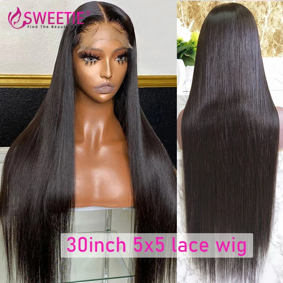 Sweetie 32inch 13x4 Transparent Lace Frontal Human Hair Wigs Indian Bone Straight Preplucked 5x5 Lace Closure Wig 180% Density