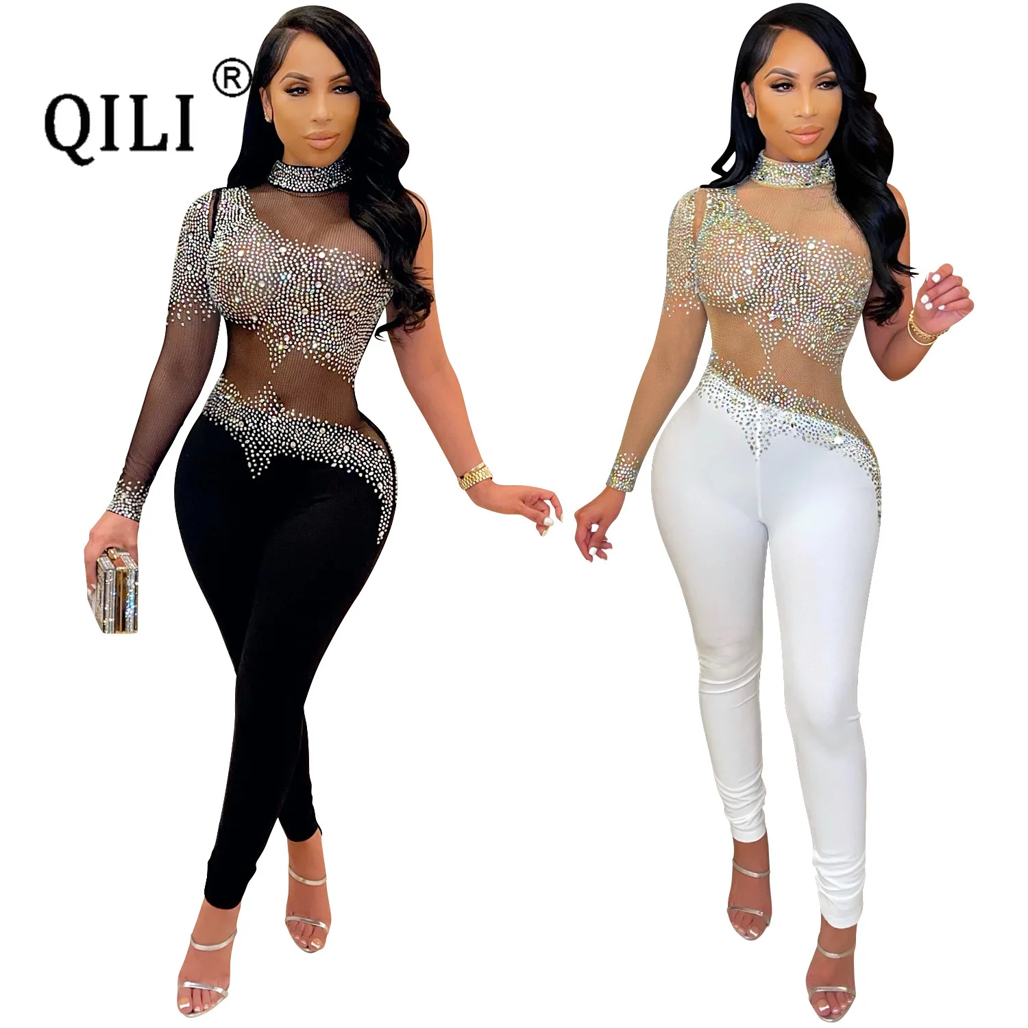 

QILI Fashion Nightclub Women's See-through Mesh Milk Silk Stitching Hot Drilling One-shoulder Jumpsuit Diamonds Rhinestone