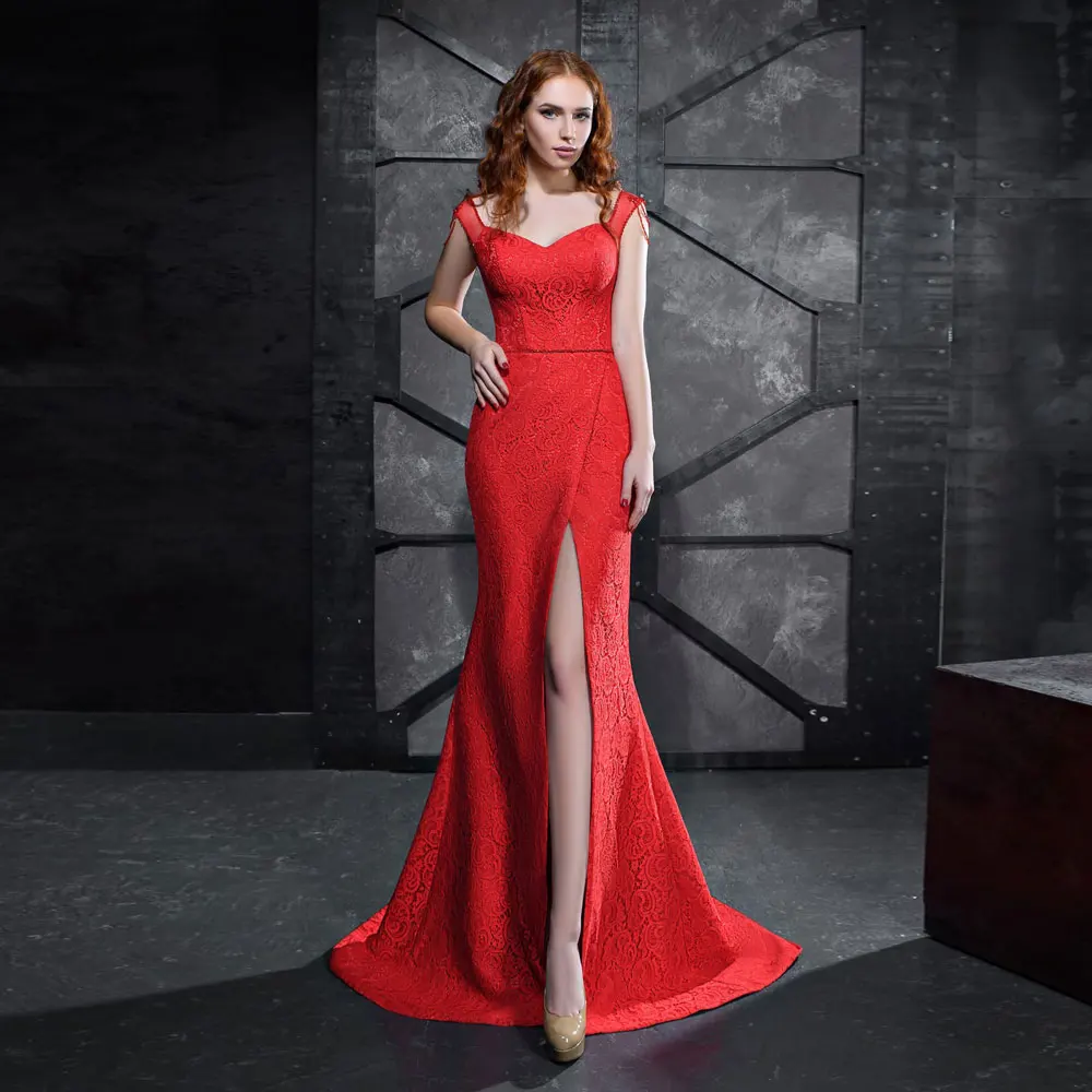 

Front/Side Slit Red Mermaid / Trumpet Poretrait Sweep/Brush Floor length V-Neck Lace Applique Banbage Open back Evening Dress