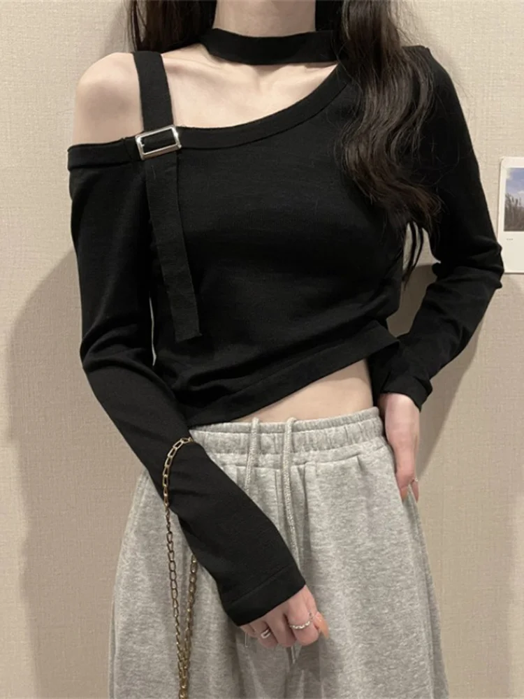 

T-shirt Chic Early Autumn Women's 2021 Fashion Design Sense Off Shoulder Hanging Neck Slim Long Sleeve Knitted Top Rac