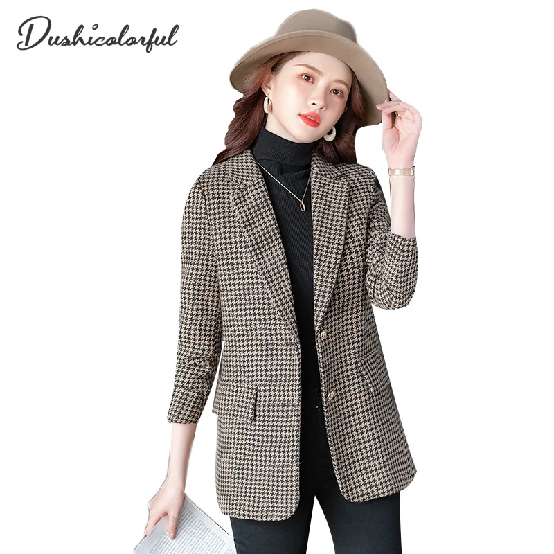 

Women 2021 Fashion Office Wear Houndstooth Suit Coat Jacket Loose Blazers Vintage Long Sleeve Pockets Female Outerwear Chic Tops