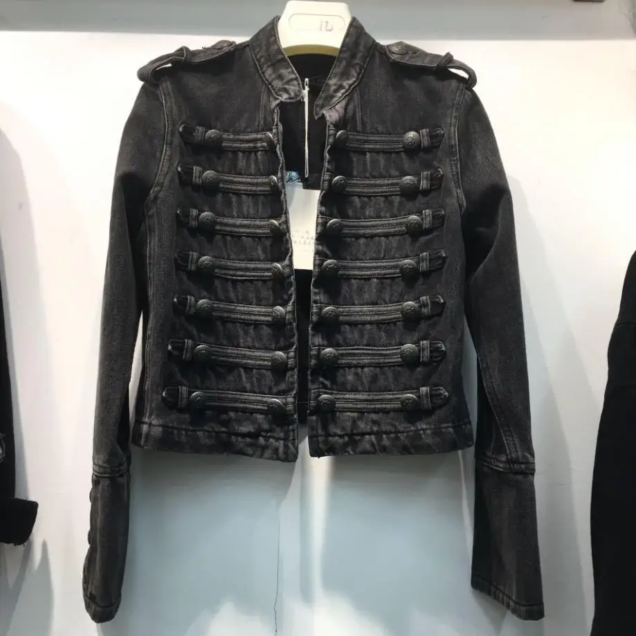 black gray Ретро стиль милитари красивый со стоячим воротником джинсовый жакет женский двубортный старый дикий тонкий короткий джинсовый жакет верхняя одежда F638 - Цвет: black gray