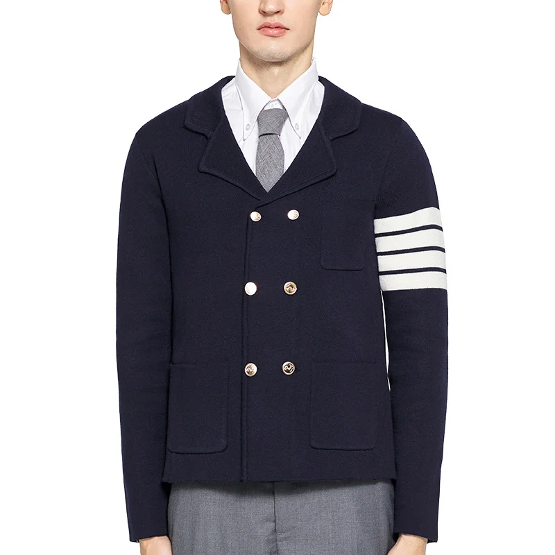 

2021 THOM TB Fashion Brand Blazer Men Casual Suit Slim Fit Wool Jacket Double Breasted Sweater Striped Thick Autumn Winter Coat