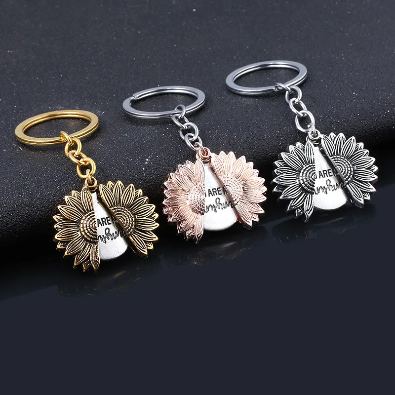 

ZXMJ lettering you are my sunshine keychain sunflower Can open pendant christmas gift car keyring Jewelry gift Accessories