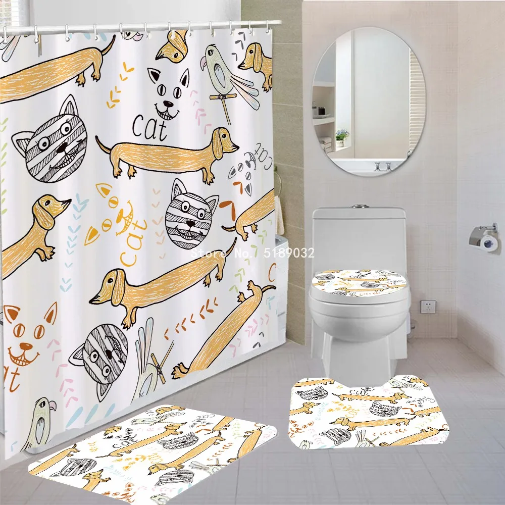 

Cat Dogs Bathroom Accessories Waterproof Shower Curtain Toilet Lid Cover Non Slip Bath Rug Carpet Dachshund Print Bathroom Decor