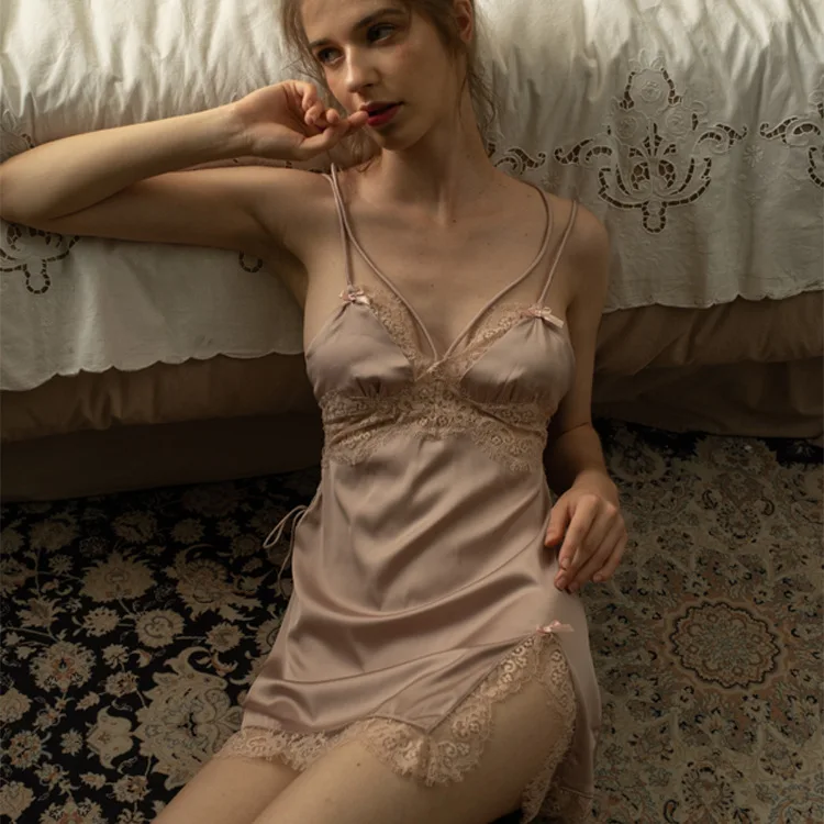 

Summer Double Strap Sleeveless Nightgown Sexy Lace Patchwork Sleepshirts Backless Thin Sleepwear Ice Silk Summer Nightdress Gown