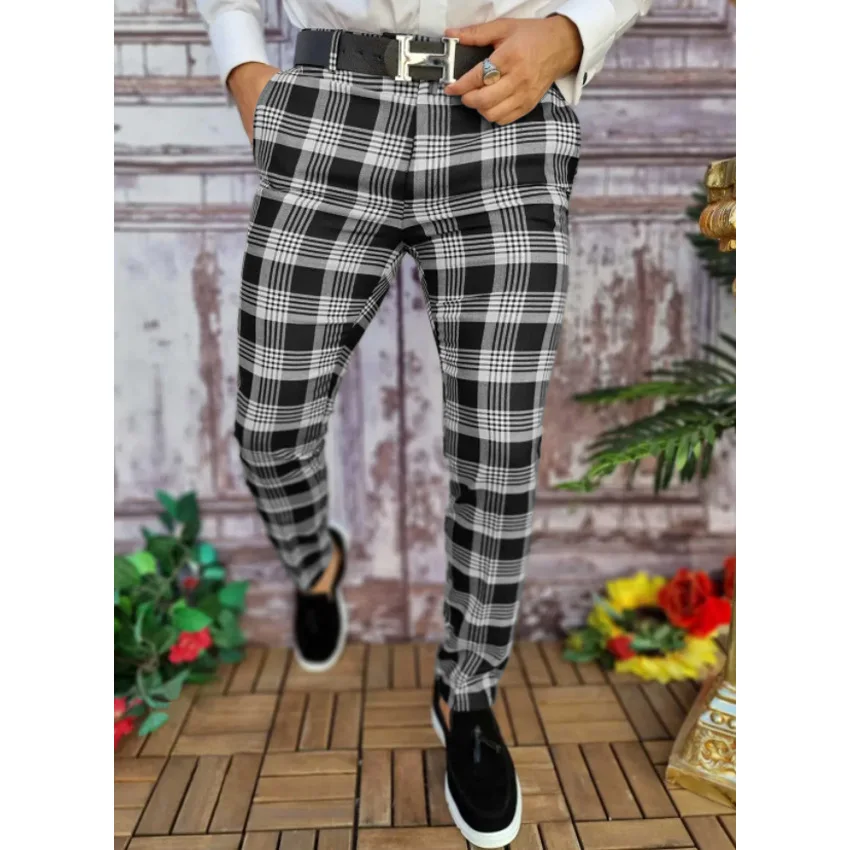 

New Fashion Brand Mens Plaid Smart Business Casual Pants Social Black Trousers Male Mid Waist Classic Print Office Work Clothing