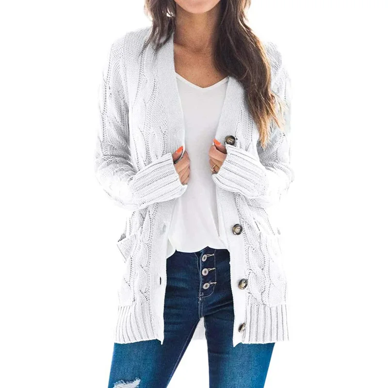 

New Style for Autumn and Winter Womens Casual Cardigan Coat Solid Color Linen Flower Color Buttoned Cardigan Sweater