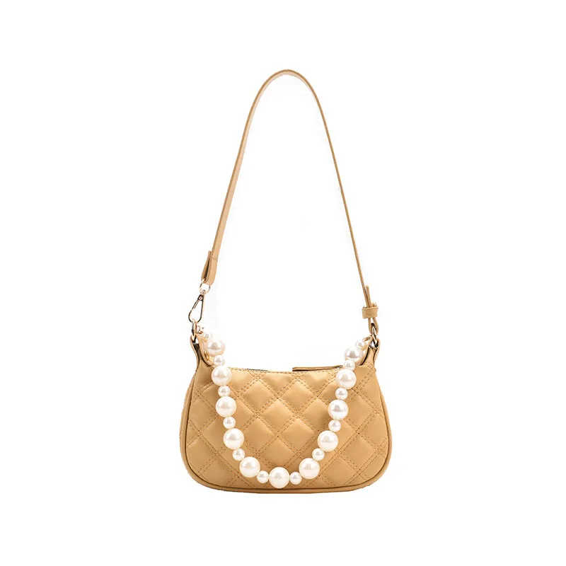 

Beaded Pearl Chain Mini PU Designer Leather Handbags for Women 2021 Ladies Simple Shoulder Armpit Crossbody Bags Luxury Brand