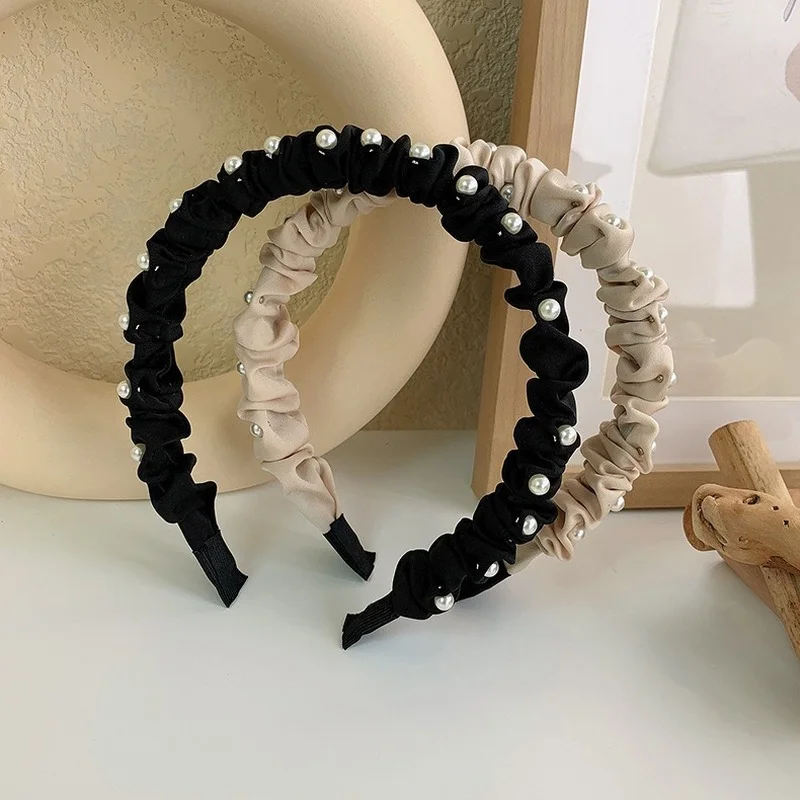 Женская повязка для волос с искусственным жемчугом черная или бежевая неровными