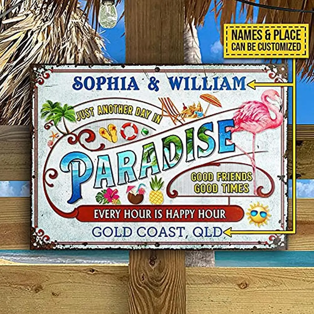 

Personalized Flamingo Tiki Bar Just Another Day Customized Metal Signs multisize