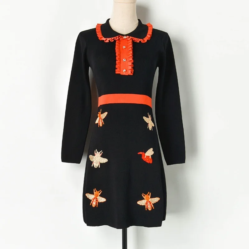 2019 осеннее Новое модное элегантное платье с длинными рукавами вышитое пчелиное