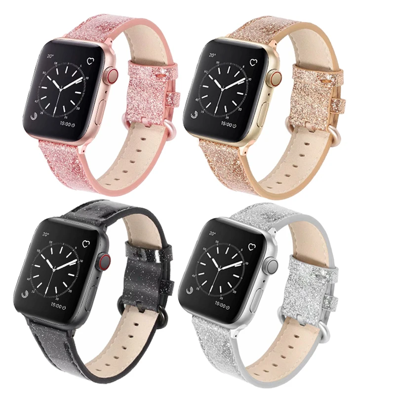 Ремешок кожаный спортивный для apple watch band 44 мм 42 40 38 series 5 4 3 2 1 браслет iwatch блестящий