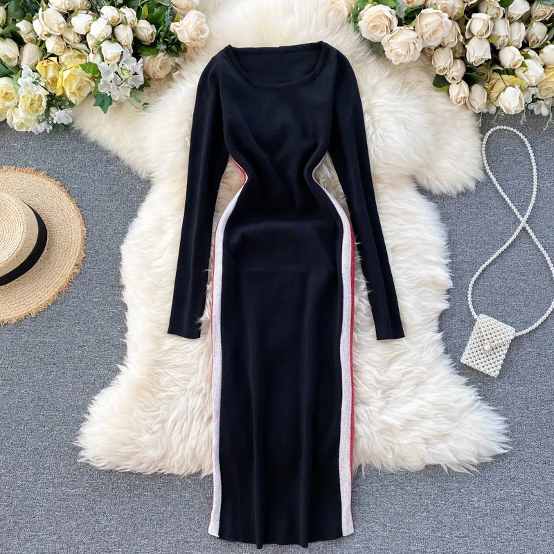 Женское трикотажное платье SINGRAIN осенне-зимнее в Корейском стиле с круглым