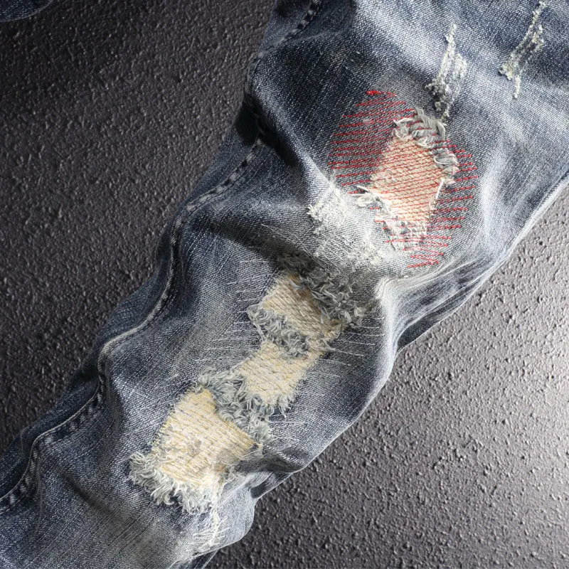 Street Style Fashion Men Jeans Retro Blue Slim Fit Destroyed Ripped Jeans Men Embroidery Designer Hip Hop Casual Denim Pants