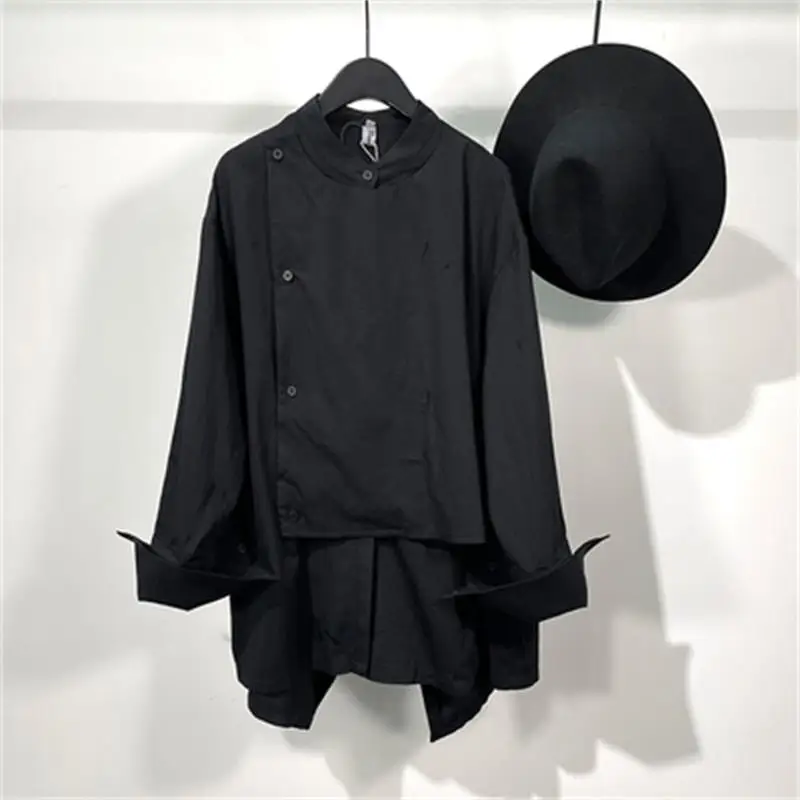 Spring And Autumn Long Sleeve Shirt Men's Black Slim Fit Large Loose Asymmetric Long Sleeve Shirt Men's Personality Fashion