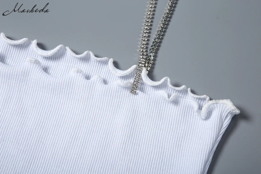 Macheda/вязаные топы с завязками на шее и металлической цепочкой, модные женские кроп-топ с оборками, Женская Повседневная белая одежда, новинка