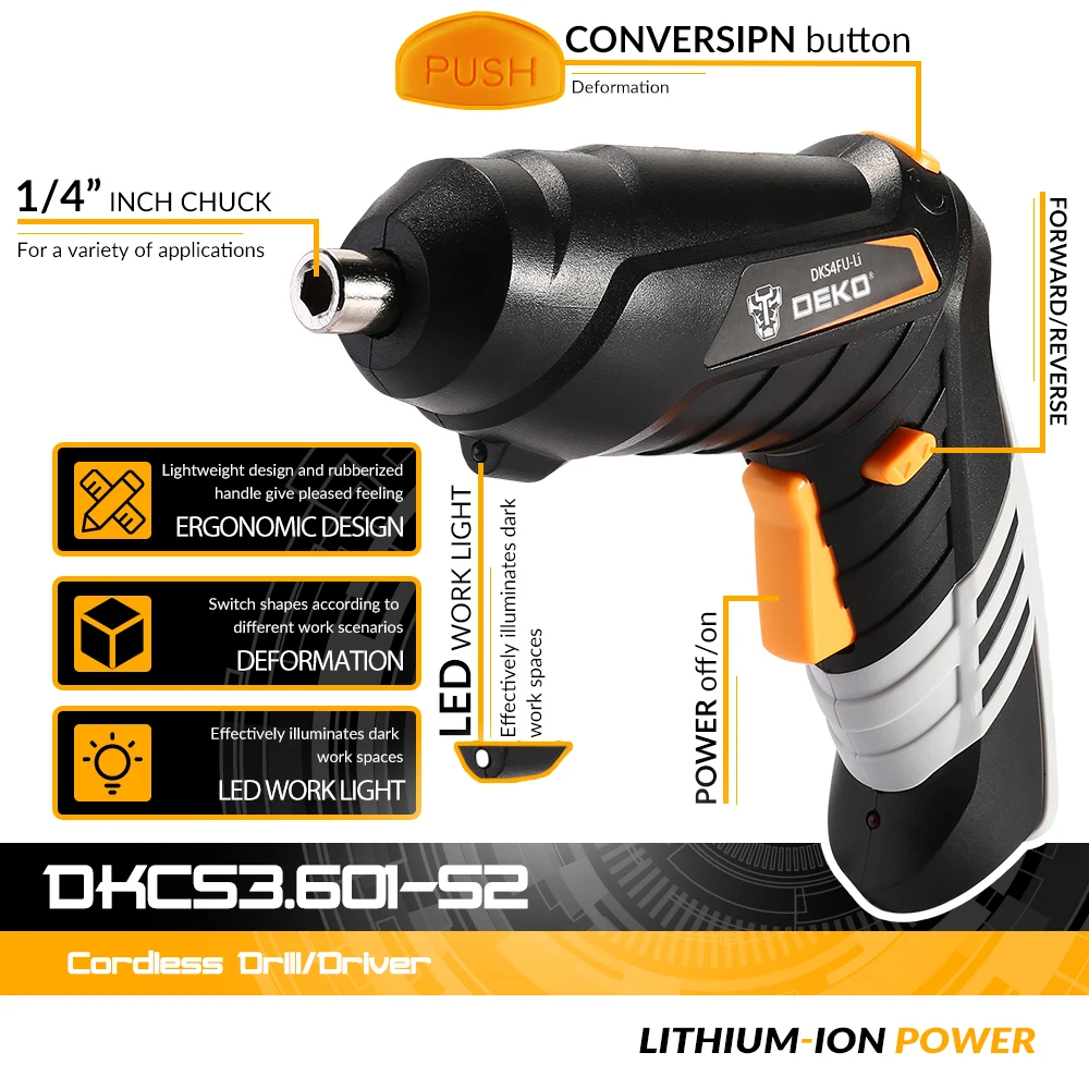 DEKO DKCS3.6O1 S1/S2/S3 электрическая Беспроводная отвертка БЕСКЛЮЧЕВОЙ патрон зарядный