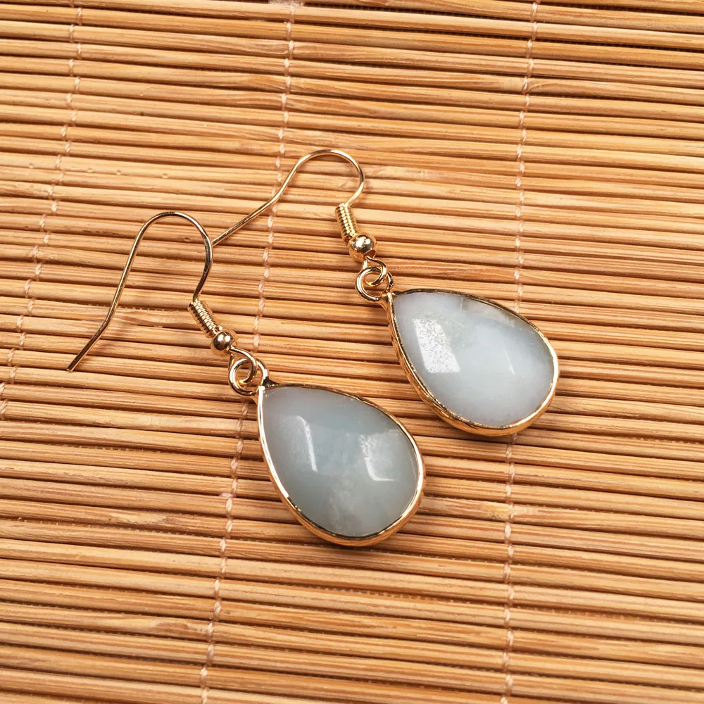 

High Quality Drop-Shaped Faceted Agate Earrings Natural Stone Amethyst Rose Quartz Opal Eardrop for Women Jewelry Gifts 14x23mm
