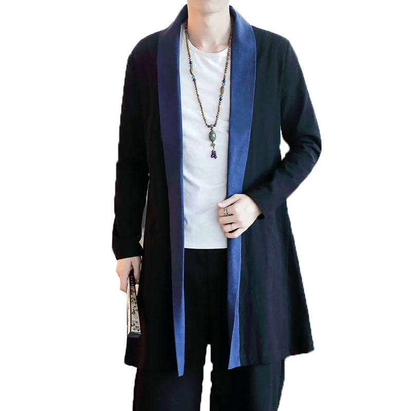 Тренчкот мужской модное повседневное длинное кимоно однотонный черный кардиган