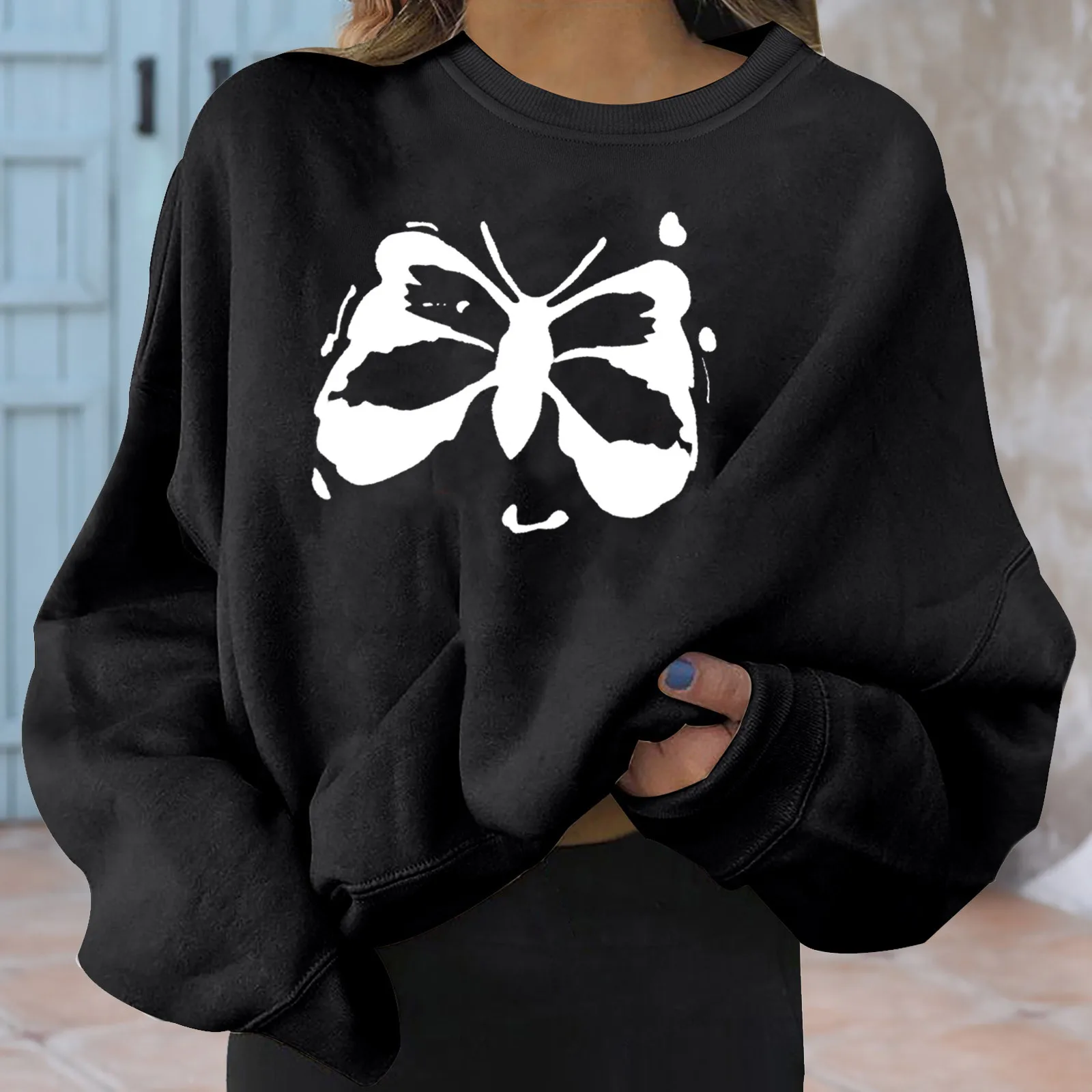 

Женские толстовки 2021, корейские пуловеры с круглым вырезом и принтом бабочки, плотные осенне-зимние свободные толстовки, женская одежда, пу...