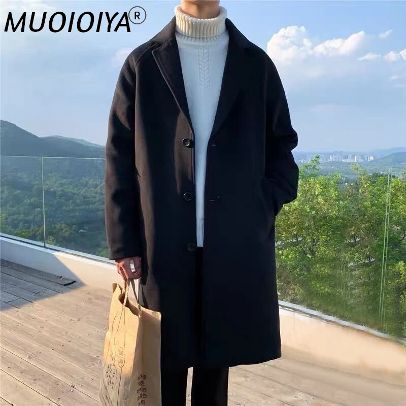 

2021 Men Spring Autumn Turn-down Collar Wool Overcoats Male Mid-long Loose Outwear Men Solid Color Warm Woolen Jackets O252