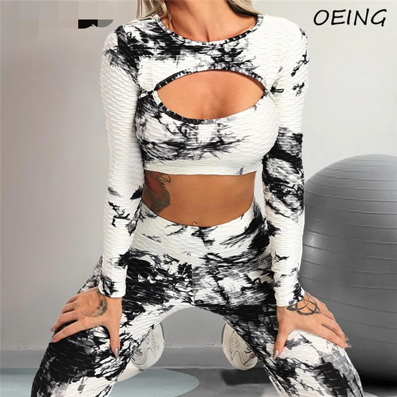 

2021 Yoga Sport 2 Piece Set Women Workout Gym Suits Print Jacquard Long Sleeve Tops and Leggings Fitness Clothing