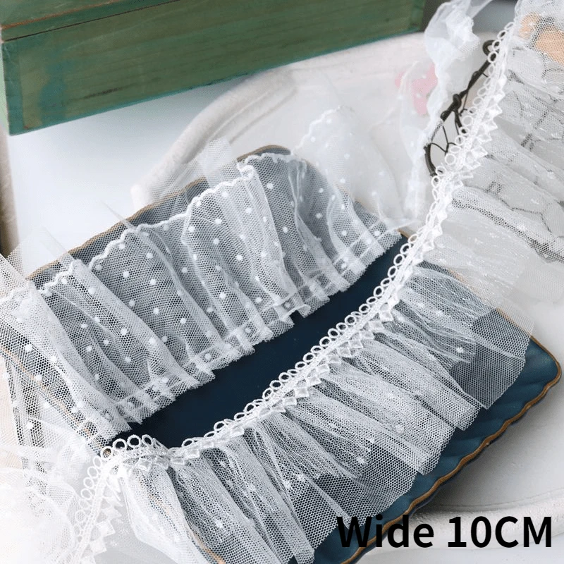 

10CM Wide Double Layers White Tulle Mesh Pleated Lace Fabirc Polka Dots Embroidery Ribbon Dress Guipure DIY Fringe Sewing Decor