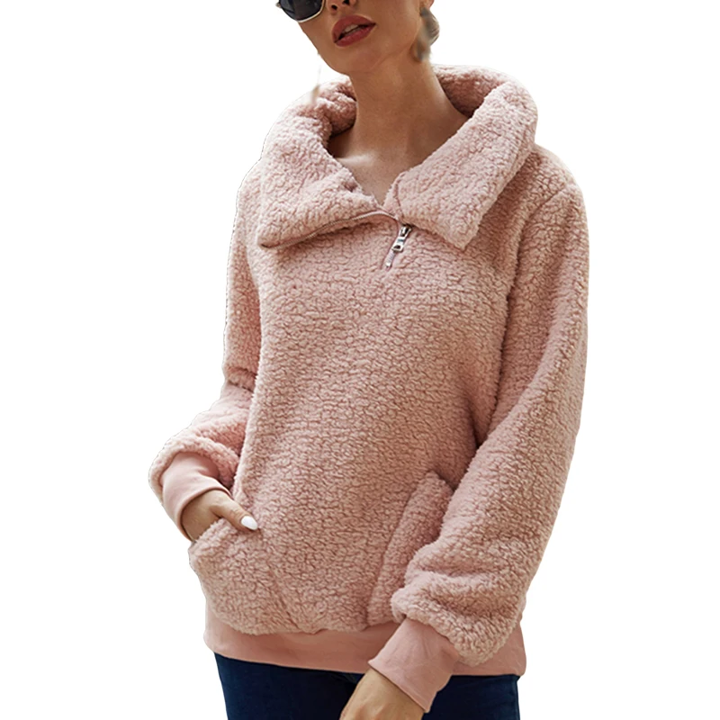 

Women's Fluffy Sweaters with Pockets Casual Fuzzy Hoodies Soft Comfy Warm Loose Fit Lapel Collar Fleece Sweatshirt FGRTBV1
